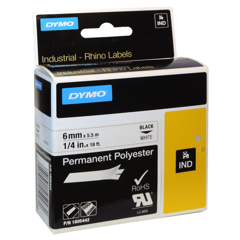 Cinta Poliester Permanente IND 1805442 Neg/Bla, 6mm Dymo Cinta Poliester Permanente IND 1805442 Neg/Bla, 6mm Dymo