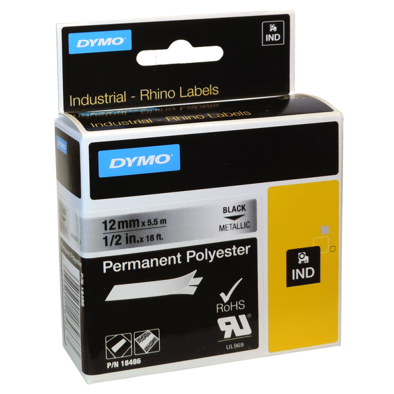 Cinta Poliester Permanente IND 18486 Neg/Metaliz. 12mm Dymo Cinta Poliester Permanente IND 18486 Neg/Metaliz. 12mm Dymo