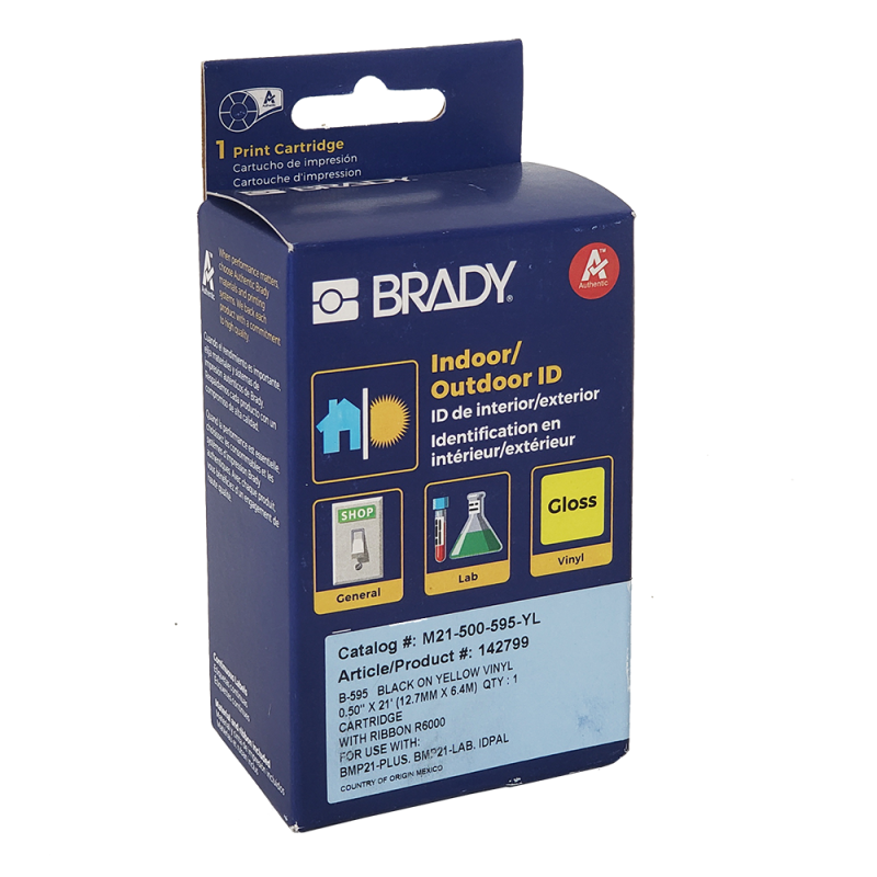 Cinta Vinilo, Neg/Ama, 12 mm X 6,40mts p/Bmp21 M21-500-59 Brady