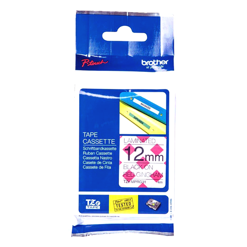 Cinta Laminada Mate TZeMPRG31 Neg/Cuadrille Rojo 12mm Brother Cinta Laminada Mate TZeMPRG31 Neg/Cuadrille Rojo 12mm Brother